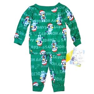 Bluey‎ Christmas Pajamas Boys Sz 12M Green 2 Pc Long Sleeve Knit Holiday Festive